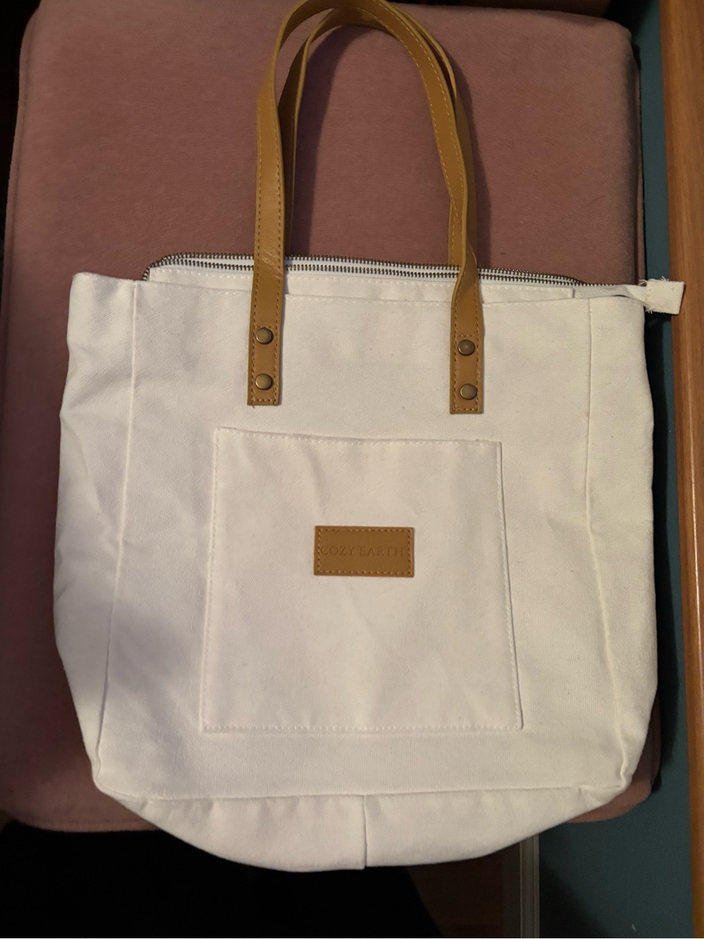 Cozy Earth White Canvas Tote with Tan Handles